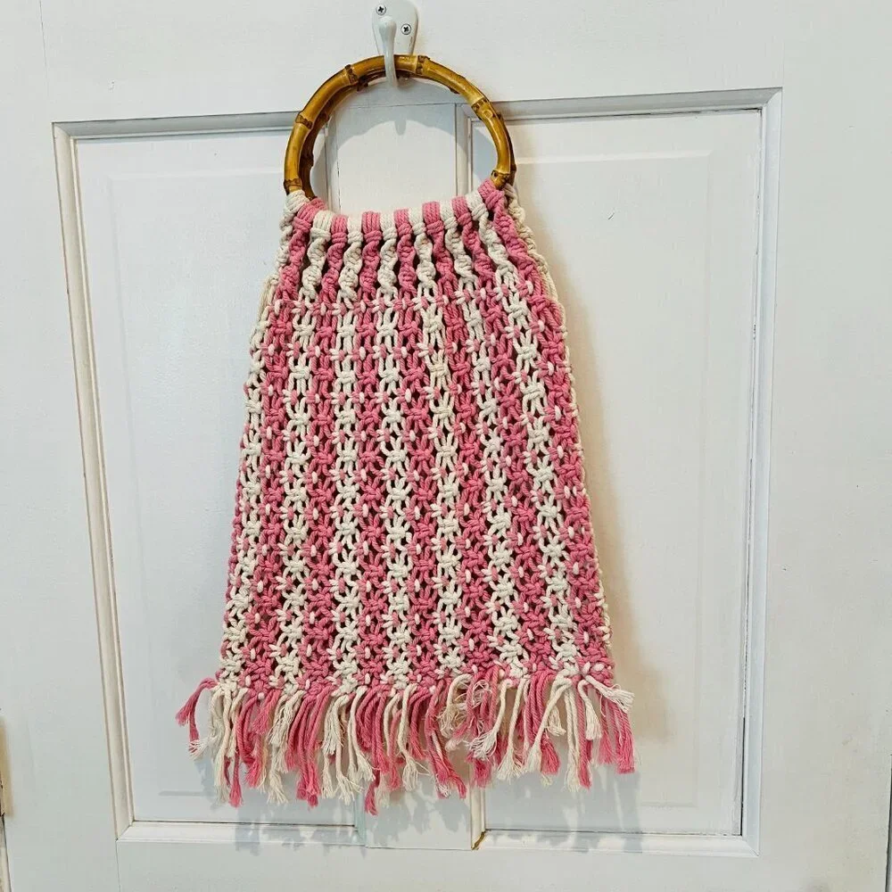 Vintage 70s Macrame Market Bag, Crochet Hobo Handbag, Handwoven Purse w Bamboo